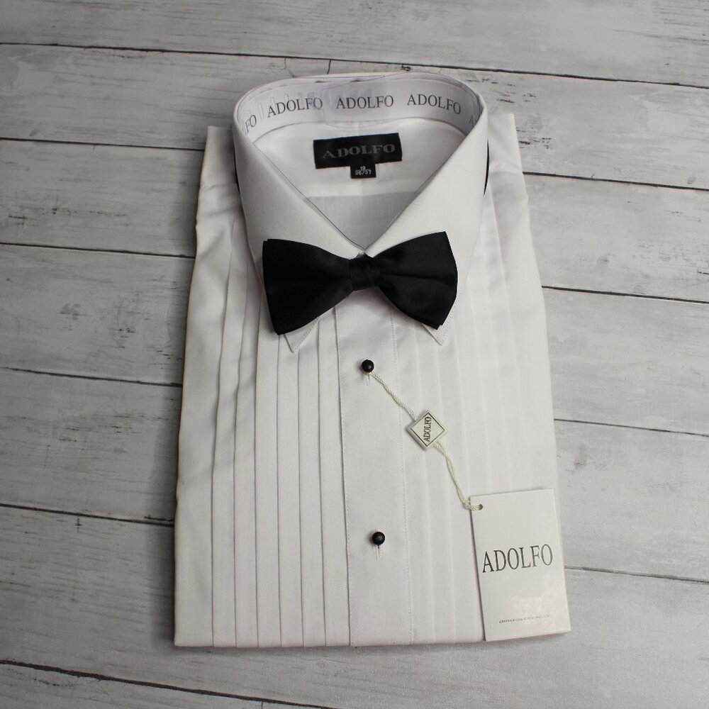 Adolfo Men's White Tuxedo Dress Shirt Size 19 36 37 Black Bow Tie